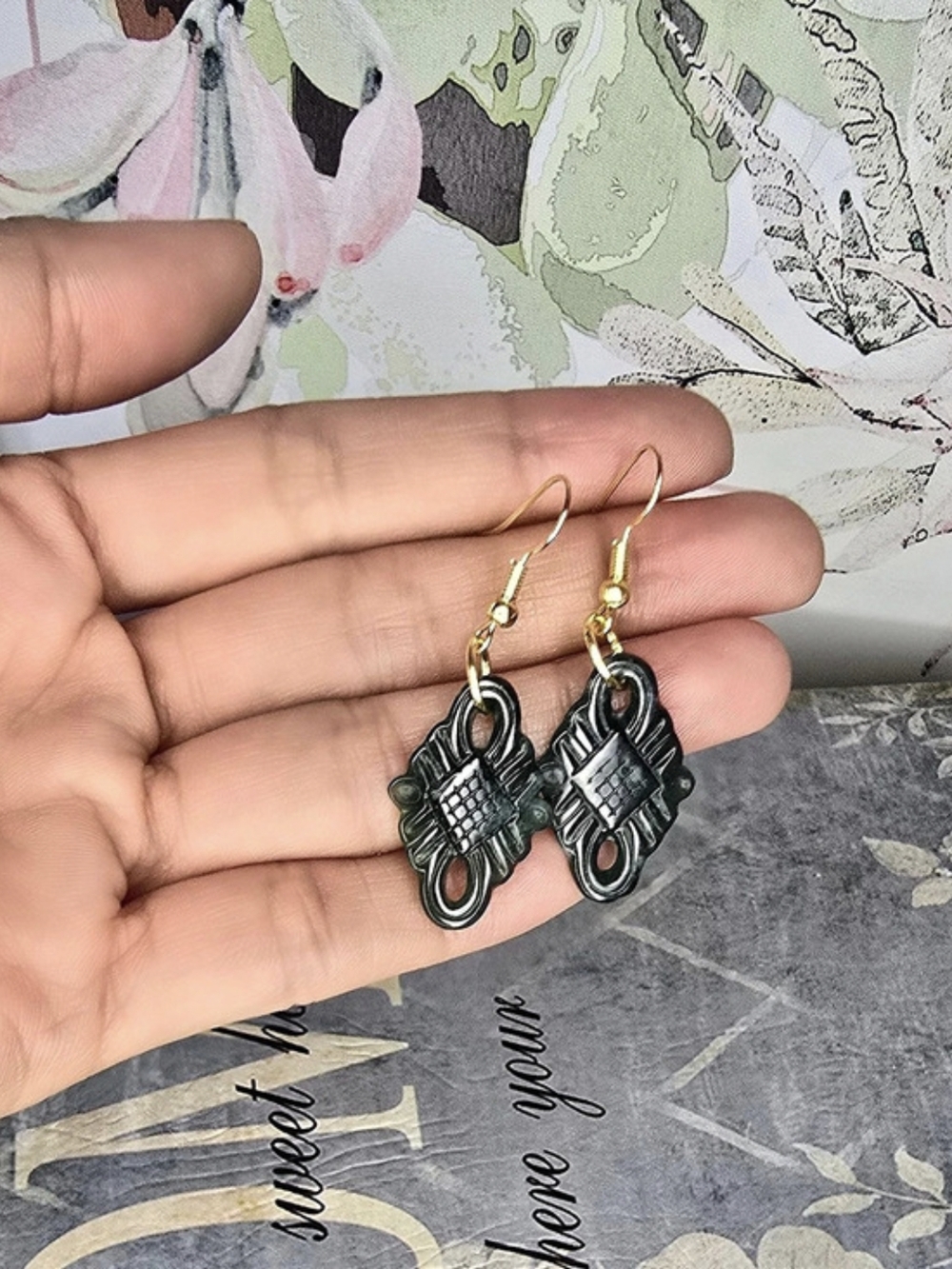 Gift For Her Natural Deep Green Jade Dangling Earrings Gold Tone Handcarved